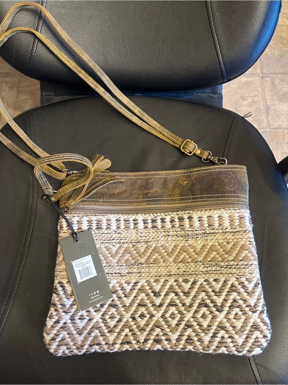 Myra Bag Beige & Brown Woven Crossbody with Leather Trim